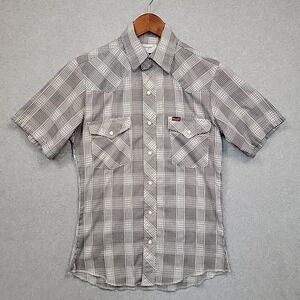Vtg WRANGLER Pearl Snap Plaid Short Sleeve Shirt Black White Western USA Men's S